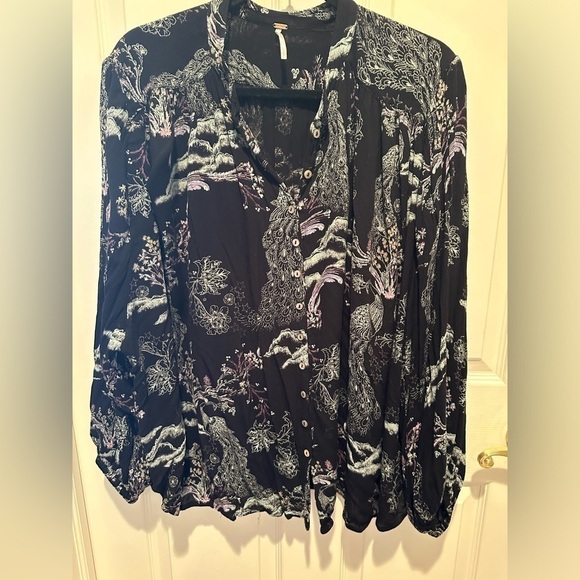 Free People Blooms Peacock Print Oversized Blouse Small - Picture 2 of 5